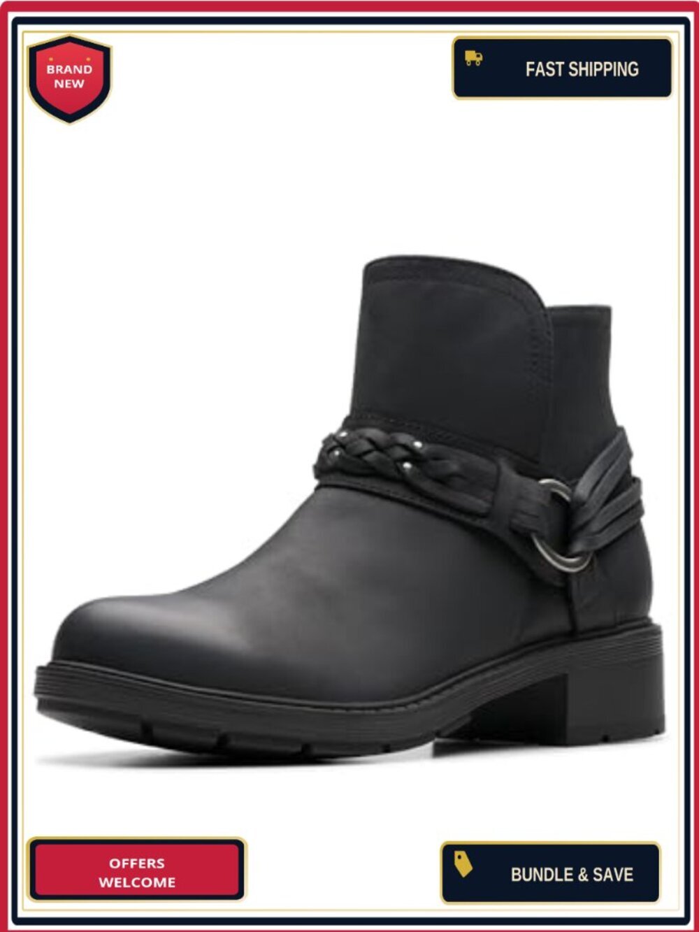Women's Leather Ankle Bootie with Block Heel and Side Zip